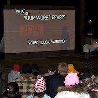 Projection screen with slide: What is your worst Fear? 70 percent voted global warming.