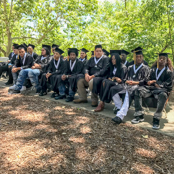 Graduates seated under trees