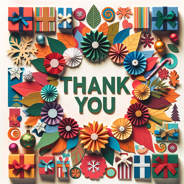 Thank You surrounded by 3D presents in a wreath pattern