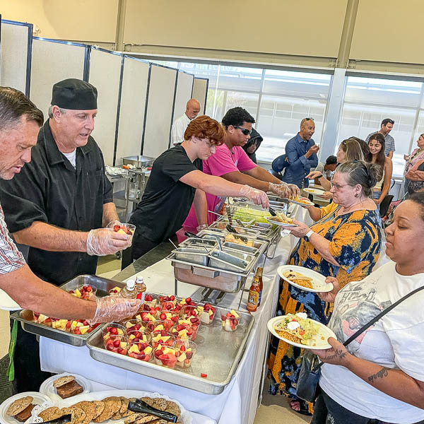 Families lined up to receive food