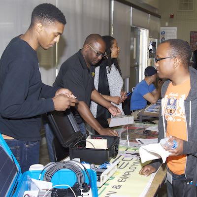 Student receiving information from vendor