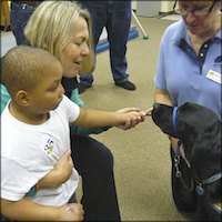Teacher helping student pet patient dog's nose