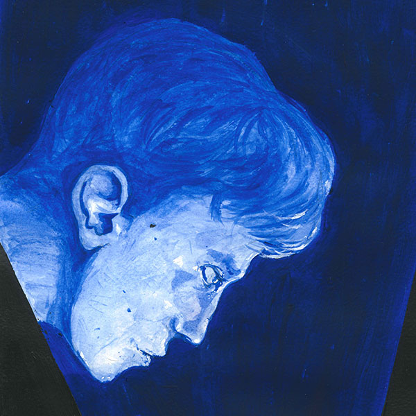 Blue illustration of boy's head in profile looking downward