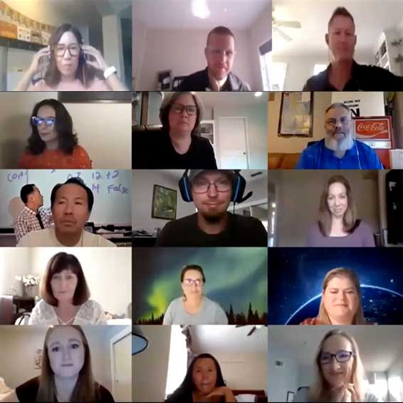 Grid of people in video group conference